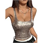 BEAUDRM Women's Y2k Going Out Top Snakeskin Print Square Neck Leather Top Sexy Sleeveless Party Streetwear Tank Top