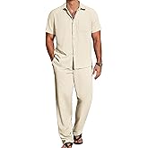 COOFANDY Mens 2 Piece Casual Beach Outfits Short Sleeve Button Down Shirts Summer Loose Pant Sets Vacation Walking Outfits