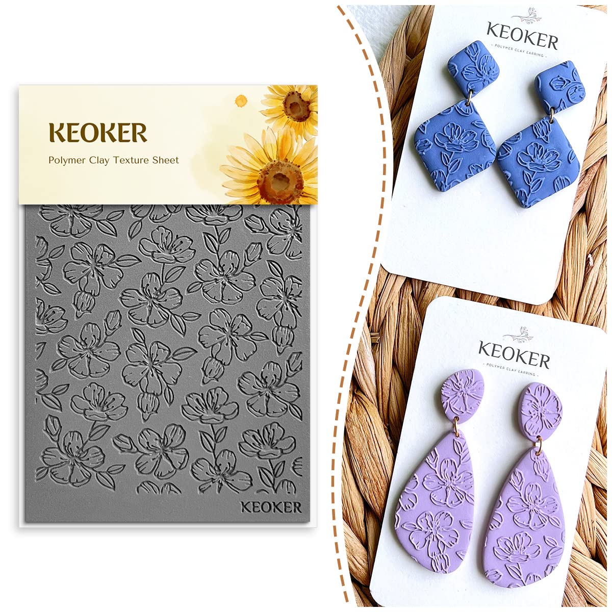 Keoker Polymer Clay Texture Sheets, Clay Texture Mat for Making Earrings Jewerly, Polymer Clay Texture Roller (No. 4 Floral)