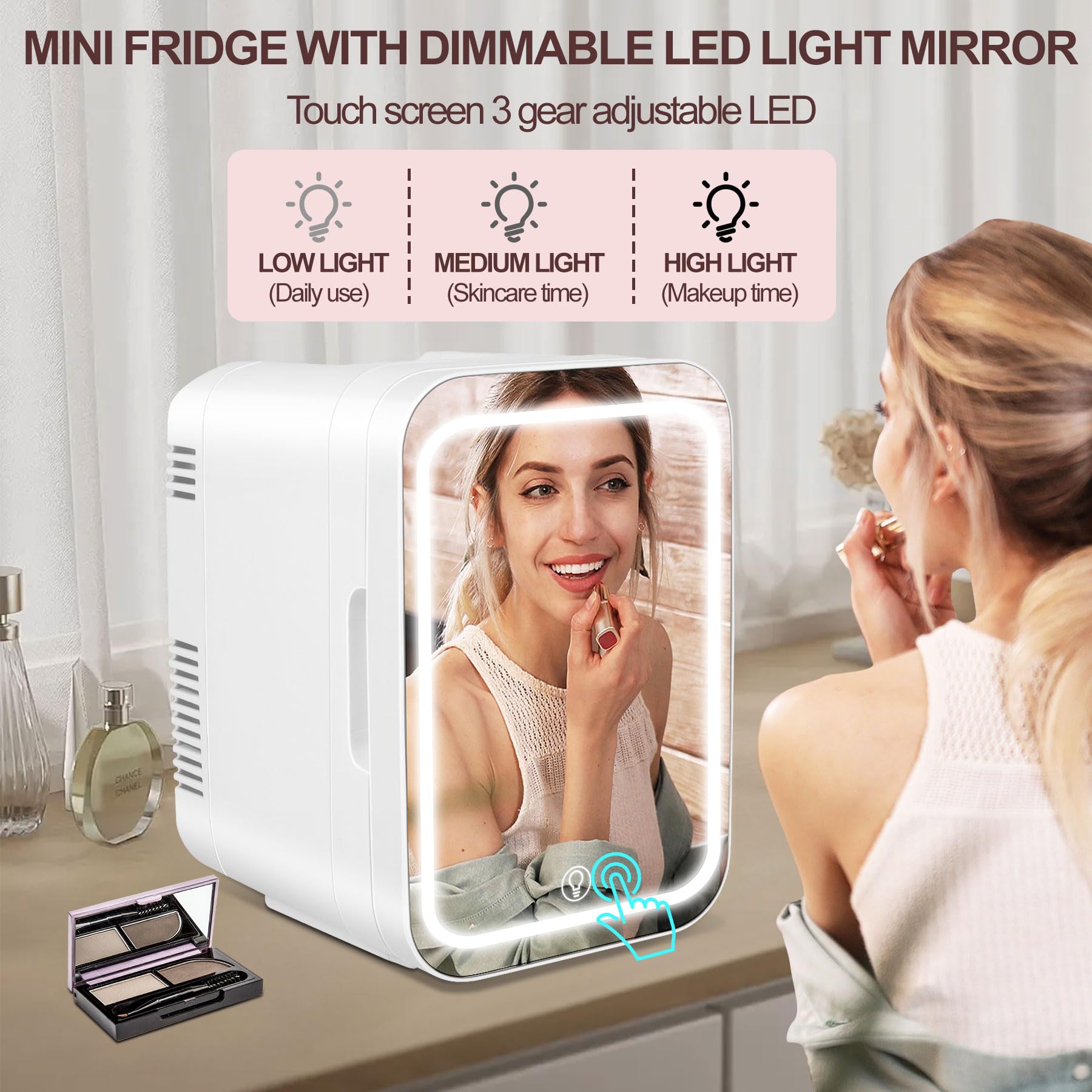 Chsuiwe Mini Fridge, Skincare Fridge With Dimmable LED Light Mirror, 4L/6 Cans Makeup Mini Fridge for Bedroom, Cooler & Warmer, AC/DC Powered Small Portable Refrigerator for Car, Office and Food-White - Image 2