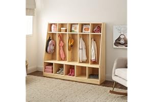 MUSEHOMEINC MUSHOMEINC 5-Section Classroom Coat Locker & Backpack Hanger, Daycare Cubby Coat Rack, Cubicle Coat Hanger, Mudroom Furniture with Storage & Hooks for Home, School, Kindergarten, Natural
