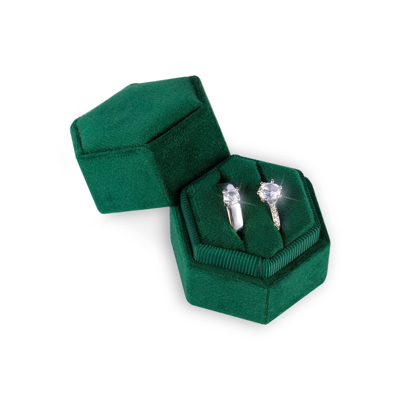 AIEX Velvet Ring Box for Jewelry, Double Slots Hexagon Ring Case Box for Proposal Engagement Wedding Ceremony Valentine’s Day Holding 2 Rings (Emerald Green)