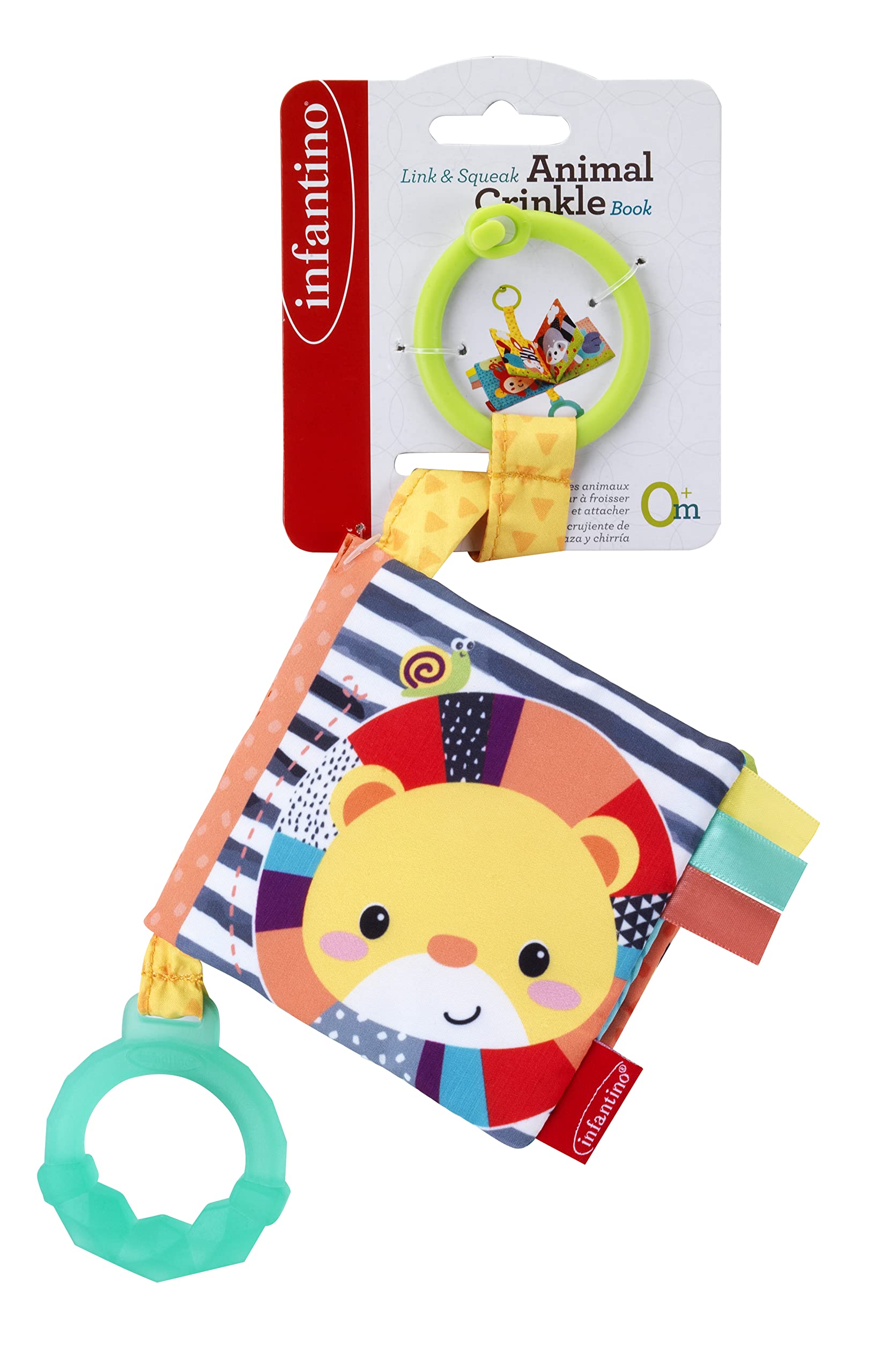 Infantino - Animal Crinkle Book - Multicoloured Fabric Crinkle Book - Scrunching Page Sounds - Round Teether - Squeaker - Animal Themed - Baby Development - Ages 6 Months +