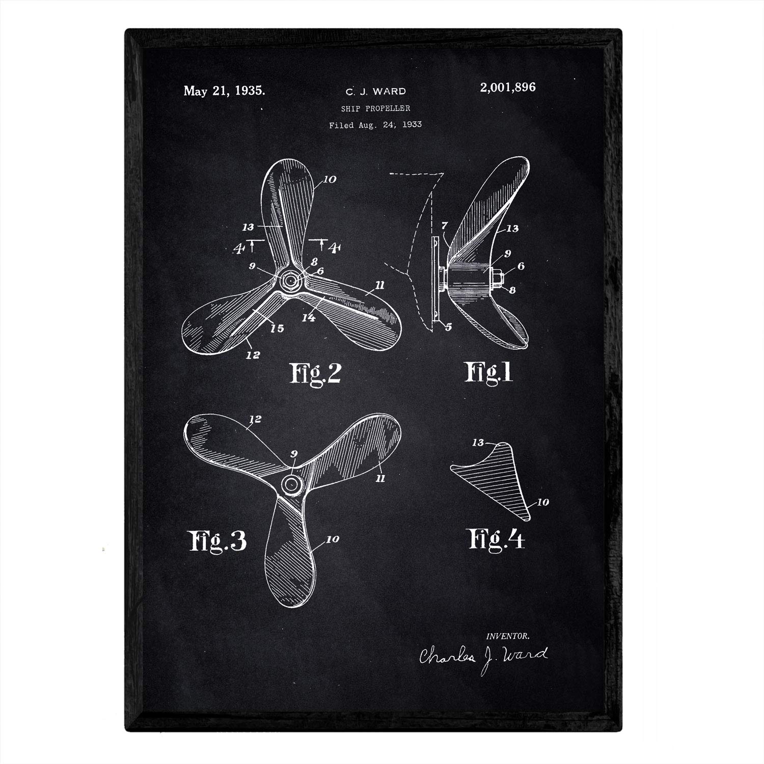 Nacnic Poster patent boat propeller. Sheet with old design patent A3 size with black background