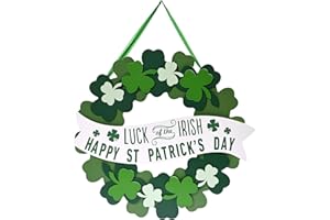 DN DECONATION St Patrick’s Day Wreath, Artificial Green Shamrock Wreath for Front Door, Wooden Wall Hanging Clover Sign with 3D Design, Lucky Irish for Spring Holiday Decor