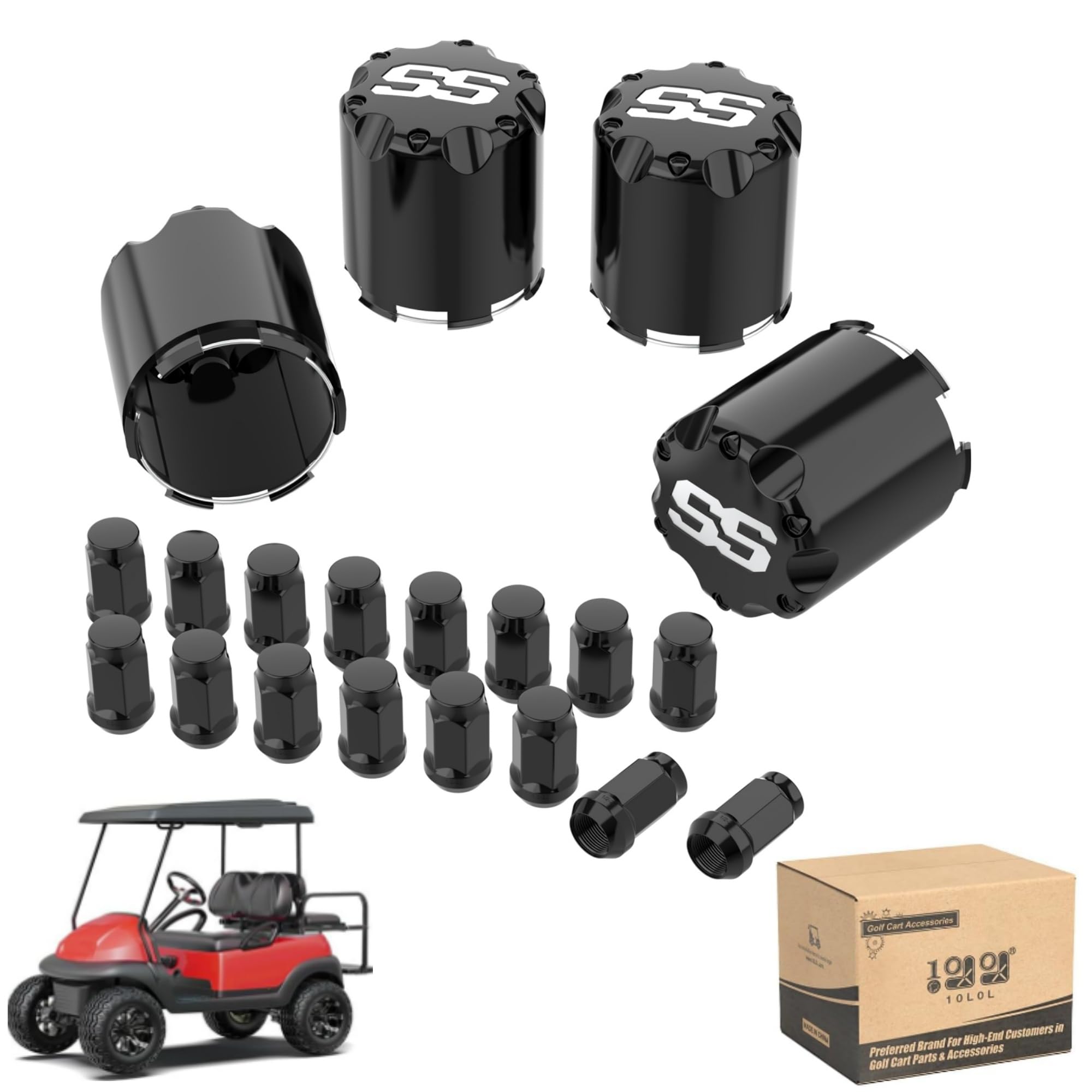 Photo 1 of 10L0L Golf Cart Center Caps and Lug Nuts - Black Golf Cart ITP SS Wheel Center Hub Caps(Outer Diameter 2.73''/4 PCS) and Wheel Lug Nuts (Thread Size 1/2"/16 PCS) Kit for Most EZGO Club Car