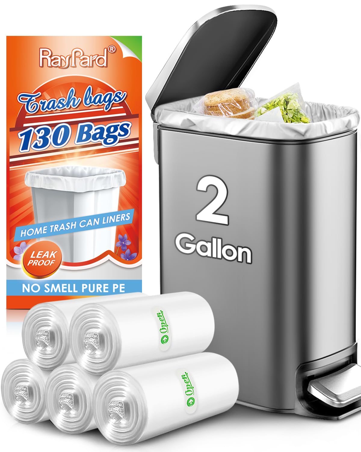 Photo 1 of 2 Gallon 130 Counts (fit 1.8-2 Gal) Small Trash Bags Garbage Bags by RayPard, 6-7.5 Liter Waste Basket Liners fit 1.6-2, 2.1, 2.2 Gal Trash Can for Home Office Kitchen Bathroom Bedroom, Clear
