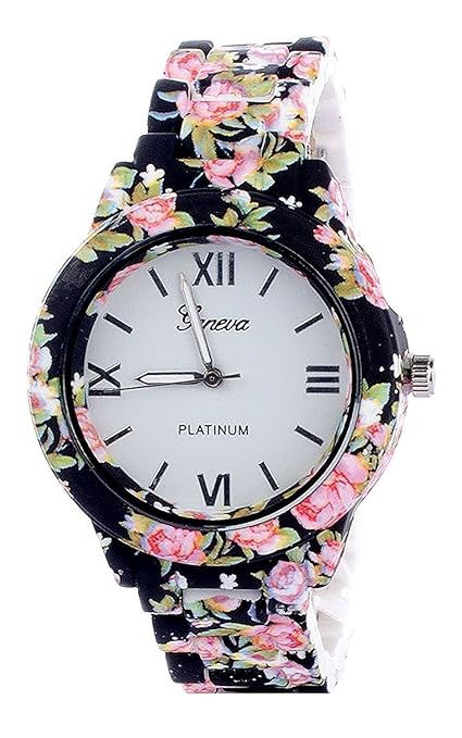 Pass Pass White Dial Fashionable Black Floral Analog Watch for Girls & Women.