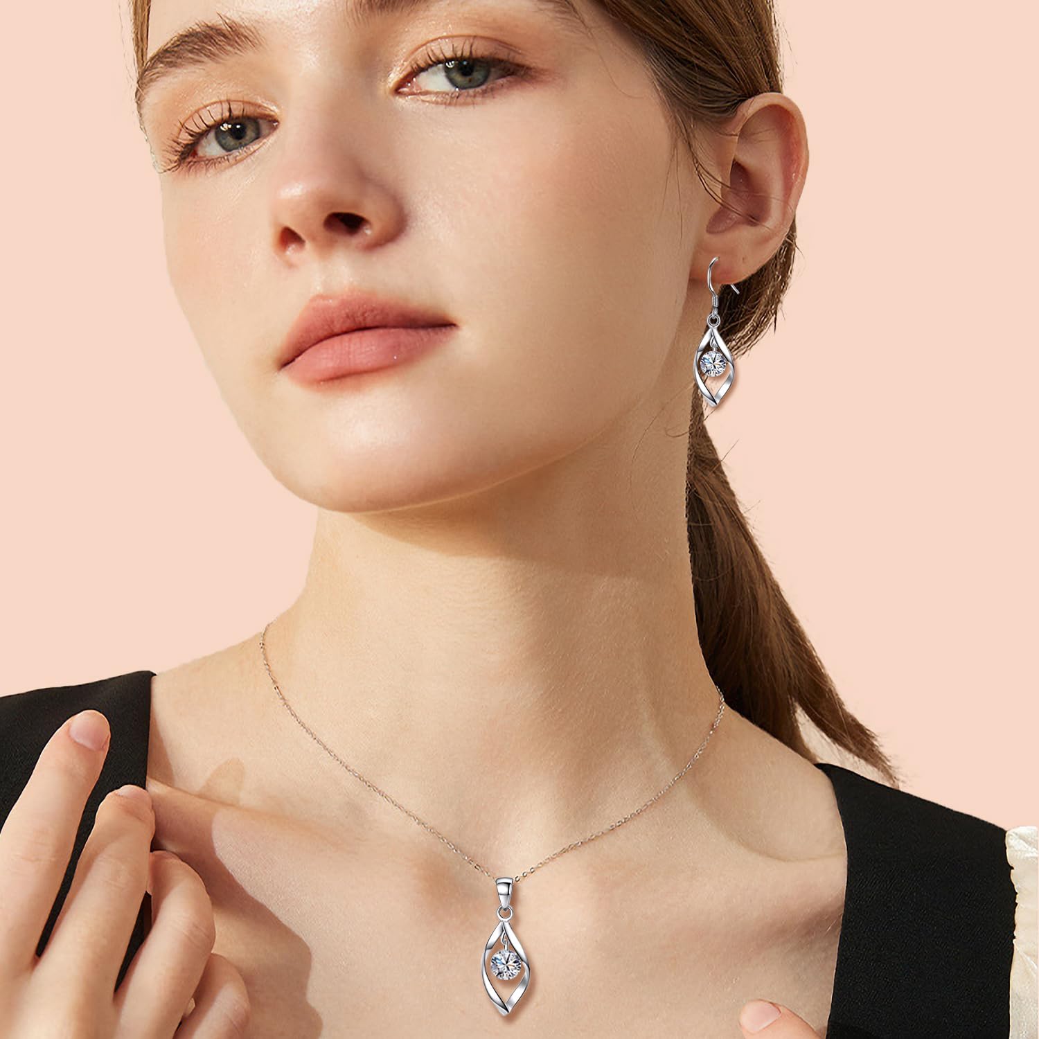 Zolkamery Silver Jewellery Set for Women, 925 Sterling Silver Women's Jewellery Sets with White Zirconia, Fashion Twist Pendant Necklace & Hook Dangle Earrings Set, Gift for Wife on Valentine’s Day