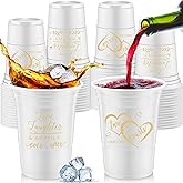 Layhit 100 Pcs Wedding Disposable Thick Plastic Cups 16 oz White Gold Two Hearts One Love Cups Decorations for Wedding Reception Bridal Shower Engagement Party Bachelorette Supplies in 2 Designs
