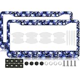 2PCS Blue Skull Fire Pattern License Plate Frames for Men Women - Universal Metal Skeleton Art & Flame Holders with Car Door Handle Bowl Films & Shockproof Foams