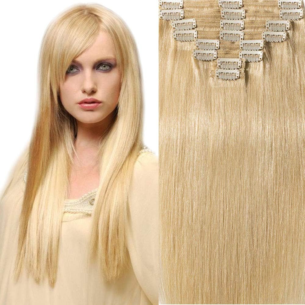 200g Real Triple Weft Extra Thick Clip in 100% Remy Human Hair Extensions Full Head (18 inch 200G 7.05Oz #613 Bleach Blonde) 8 Pcs Set Grade 10A Natural Hair Pieces Long Straight for Women