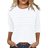 JomeDesign 3/4 Length Sleeve Womens Tops Round Neck Casual Tunic Tops Pleated Shirts Dressy