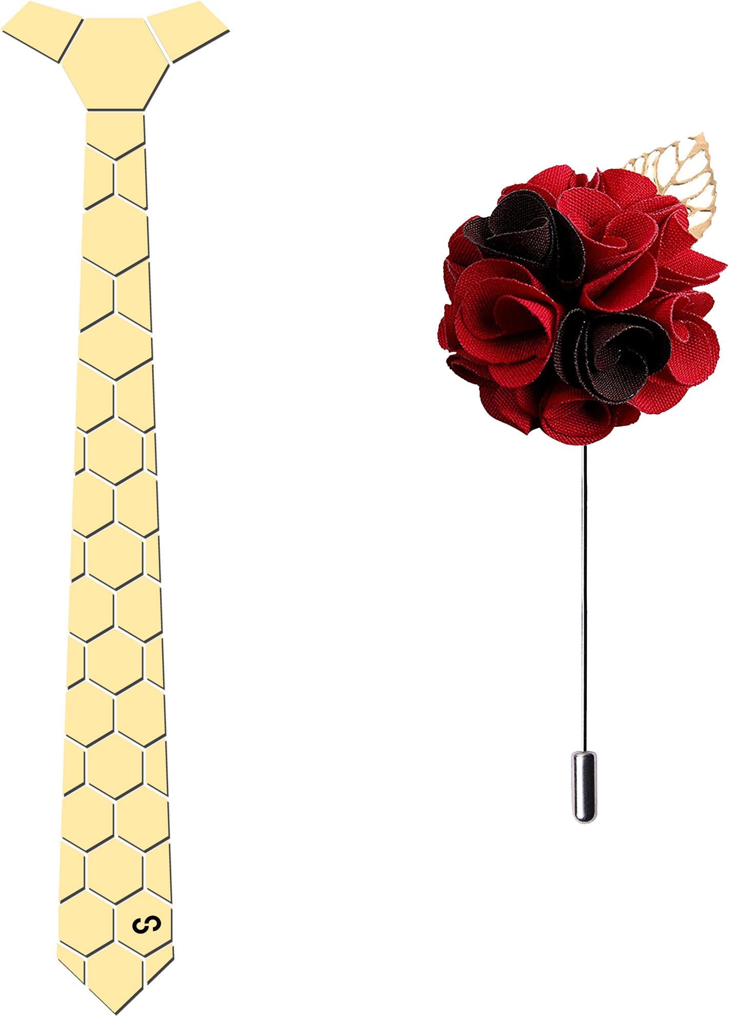 HEX TIE Men's Pre Tied Neck Hex Tie with Lapel Pin (Gold, Free Size)