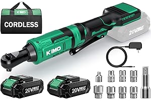 K I M O. KIMO 20V Cordless Ratchet Wrench 3/8, 89Ft-lbs 400RPM Electric Ratchet Wrench Set with Variable Speed, 2x2.0Ah Battery Ratchet, LED Light, 7Socket, 3/8" to 1/4" Adapter, 3" Extension Bar, Fast Charger