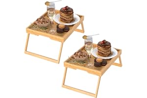 2 Pack Bed Tray Table with Foldable Legs, Bamboo Breakfast Tray for Sofa, Beds, Eating, Working, TV Table, Food, Dinner, Comp