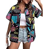 80s 90s Outfits for Women 80's Retro Theme Party Shirt 80s Hawaiian Shirt Neon Hawaii Button Down Short Sleeve Tops