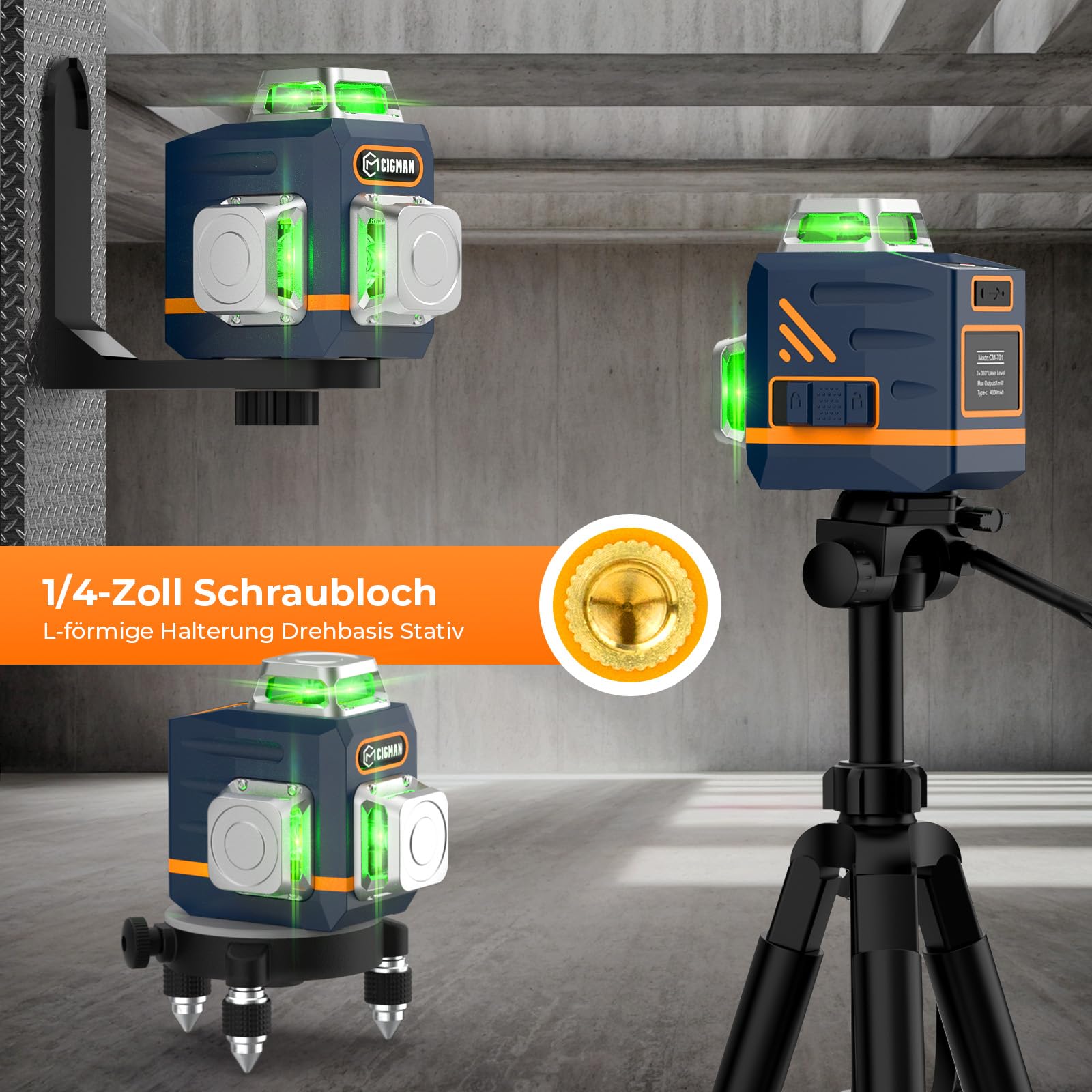 Kreuzlinienlaser mit Stativ, CIGMAN 3x360 Grad Grün Selbstnivellierend Laser Wasserwaage mit 1,2m -Aluminium-Baustativ, Baulaser Kreuzlaser Linienlaser bis zu 30 Stunden mit Lithium-Batterie,CM701T 5