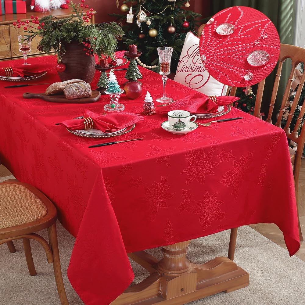 Jacquard Christmas Tablecloth Rectangle 152 x 259 CM, Waterproof Stain Resistant Luxurious Holly Leaves Damask Table Cloth, Polyester Table Cover for Dining, Parties, Indoor, Outdoor, Holiday, Red