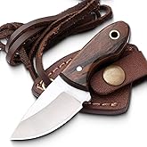 H.M Knives High Carbon Steel Fixed Blade Hunting Knife With Damascus Neck Knife, Survival With Leather Sheath Along, Ideal For Skinning, Camping, Outdoor, EDC, Gift For Men (Rosewood steel Neck)