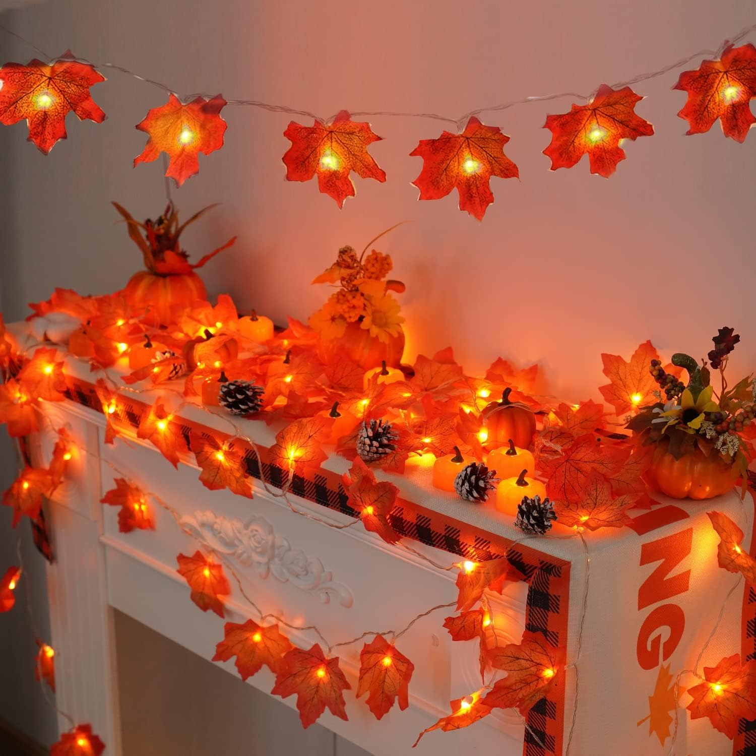 Photo 1 of *Missing items/Missing electrical piece* YEGUO 2 Packs Thanksgiving Decorations for Home, Fall Lights Battery Operated, Total 20ft 40 LED Lighted Fall Garland Maple Leaves for Holiday Autumn Harvest Fall Thanksgiving Halloween Decor
