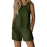 Ficerd Womens 2 Piece Summer Linen Outfits Short Sets Round Neck Sleeveless Tank Top Elastic High Waisted Shorts with Pockets(Army Green,X-Large)