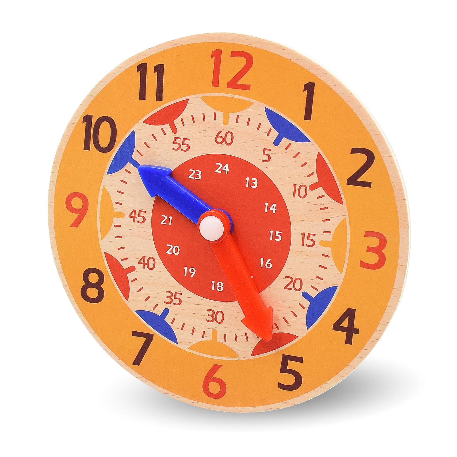 Kikuo 14CM Wooden Learning Clock, Early Learning Educational Teaching Clock with Hour and Minute Hands Education Toy, Learn to Tell the Time Clock for Home, Playroom and Classroom (Orange)