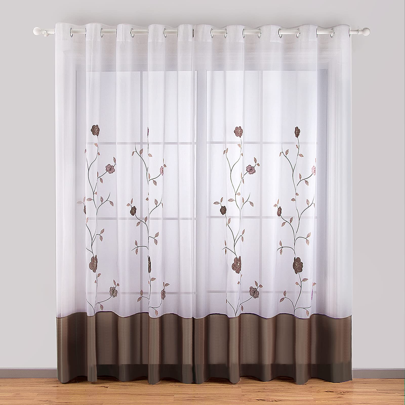 SIMPVALE Voile Curtains Panel Semi Transparent Sheer Window Net Curtains Floral Embroidered Drape with Eyelet for Living room Bedroom Kitchen Balcony, 1 Panel, 55"(Width) x 98"(Drop), Brown