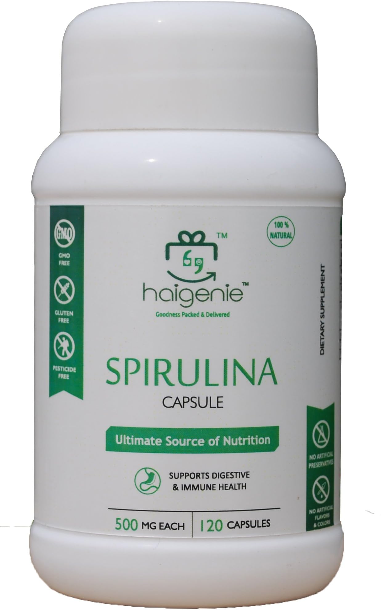 Haigenie Spirulina Capsule 500mg -120 Nos(Ultimate source of Nutrition)
