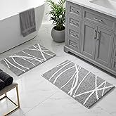 Tititex Luxury Grey White Curve Line Bathroom Rug Set, 20x32 inch + 16x24 inch 2 pcs Extra Soft and Absorbent Microfiber Bath Rugs, Non-Slip Plush Shaggy Carpet,Mats for Floor, Tub and Shower