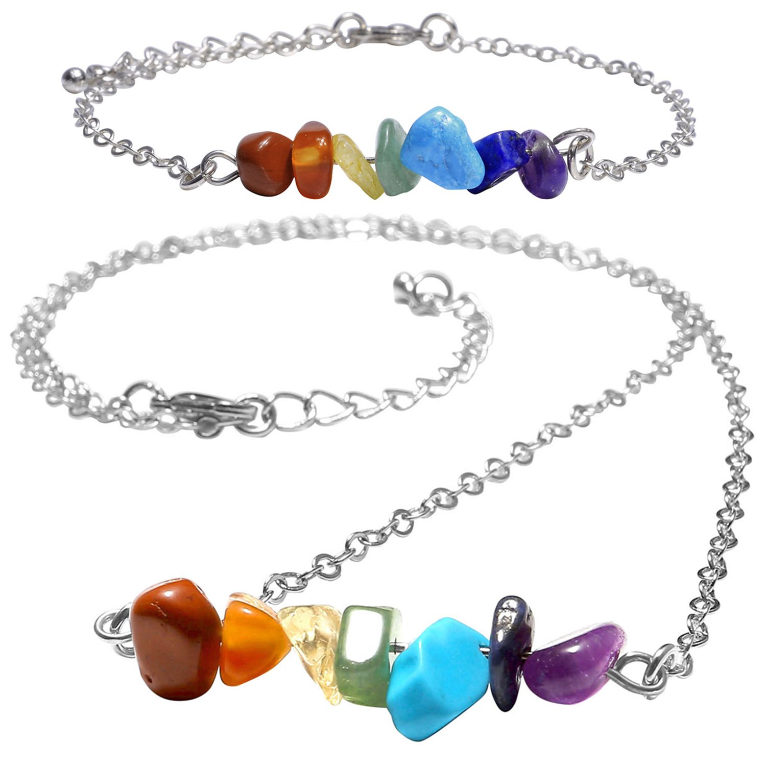 Jovivi 2PCS/Set Pendentif Collier Réglable 7 Chakras Pierres Barre Horizonta + Bracelet Barre Poignet Lien Perles Pierre Precieuse Tibétain Chaîne de Main