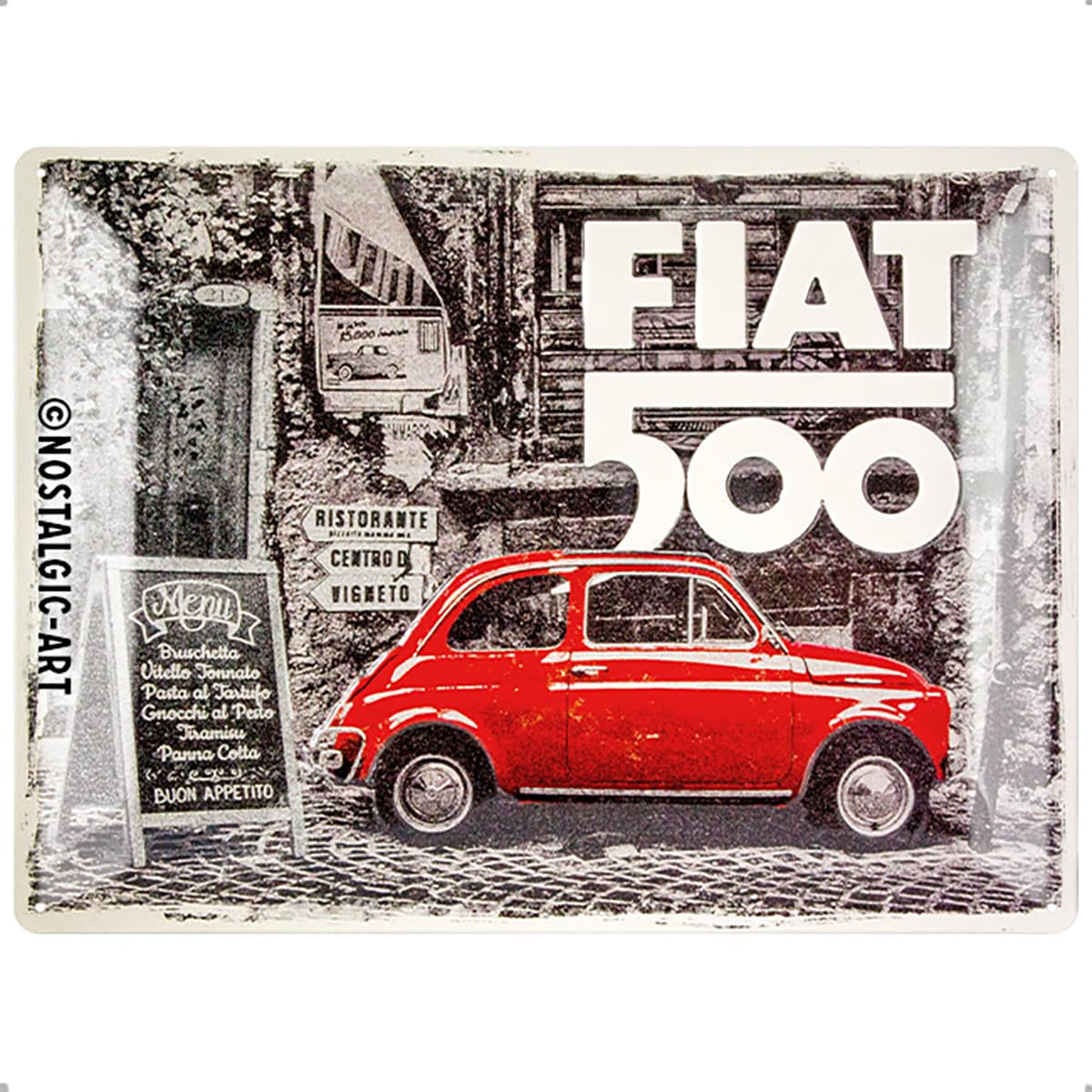 Nostalgic-Art Retro Tin Sign – Fiat 500 – Red car in the street – Gift idea for Italy fans, Metal Plaque, Vintage design for decoration, 30 x 40 cm