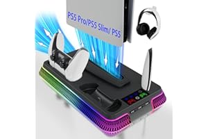 LHFDIAN PS5 Cooling Station, PS5/Slim/Pro Stand with Dual Charging Station for PlayStation 5, PS5 Accessories Kits, Vertical Stand with 3 Levels Cooling Fan, Headset Holder for PlayStation5 Digital/Disc