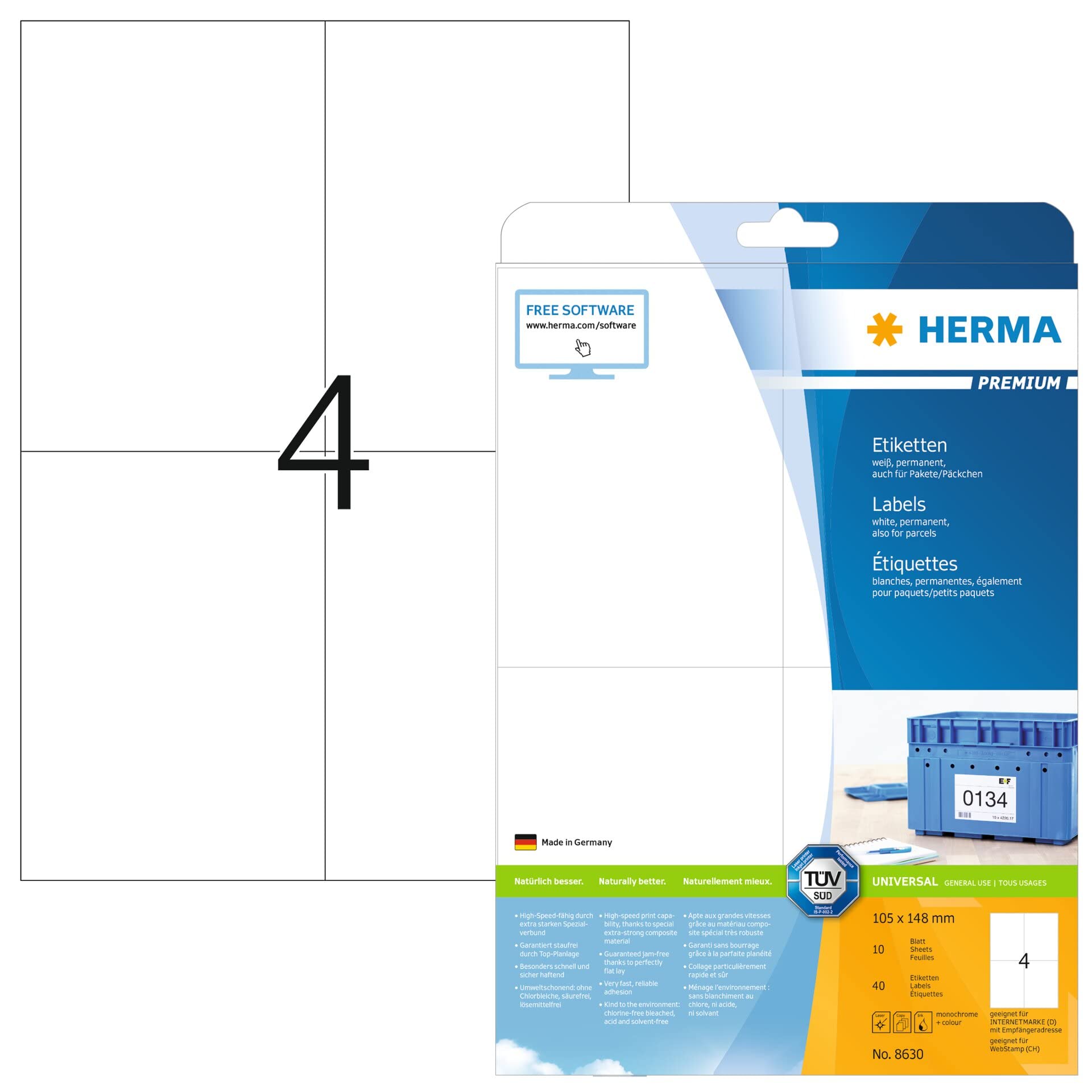 HERMA Self Adhesive Shipping Labels, 4 Labels per A4 Sheet, 10 Sheets, 105 x 148 mm, 40 Labels, Blank Parcel Labels Stickers, Sticky Labels for Laser & Inkjet Printer, White