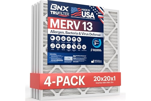 BNX TruFilter 20x20x1 Air Filter MERV 13 (4-Pack) - MADE IN USA - Electrostatic Pleated Air Conditioner HVAC AC Furnace Filte