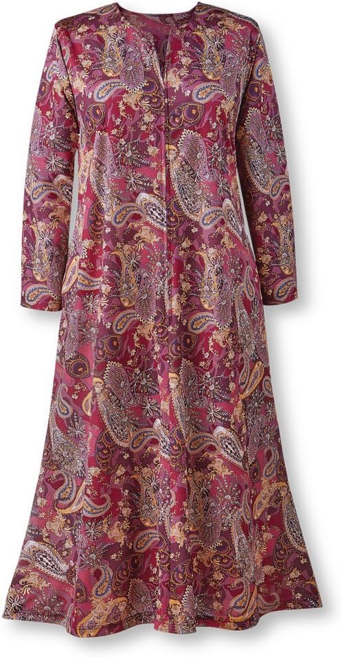 All-Over Paisley Print Zip Front Long Sleeve Lounger with Split V-Neck and Side Pockets