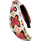 OUTVIE Boho Ethnic Wind Embroidery with Butterfly Headband Non-slip Elastic White Hairband Vacation Headband for Woman Girls