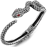 COOLSTEELANDBEYOND Stainless Steel Snake Cuff Bracelet for Men Women, Serpent Design with Red Eyes, Bangle Retro Style