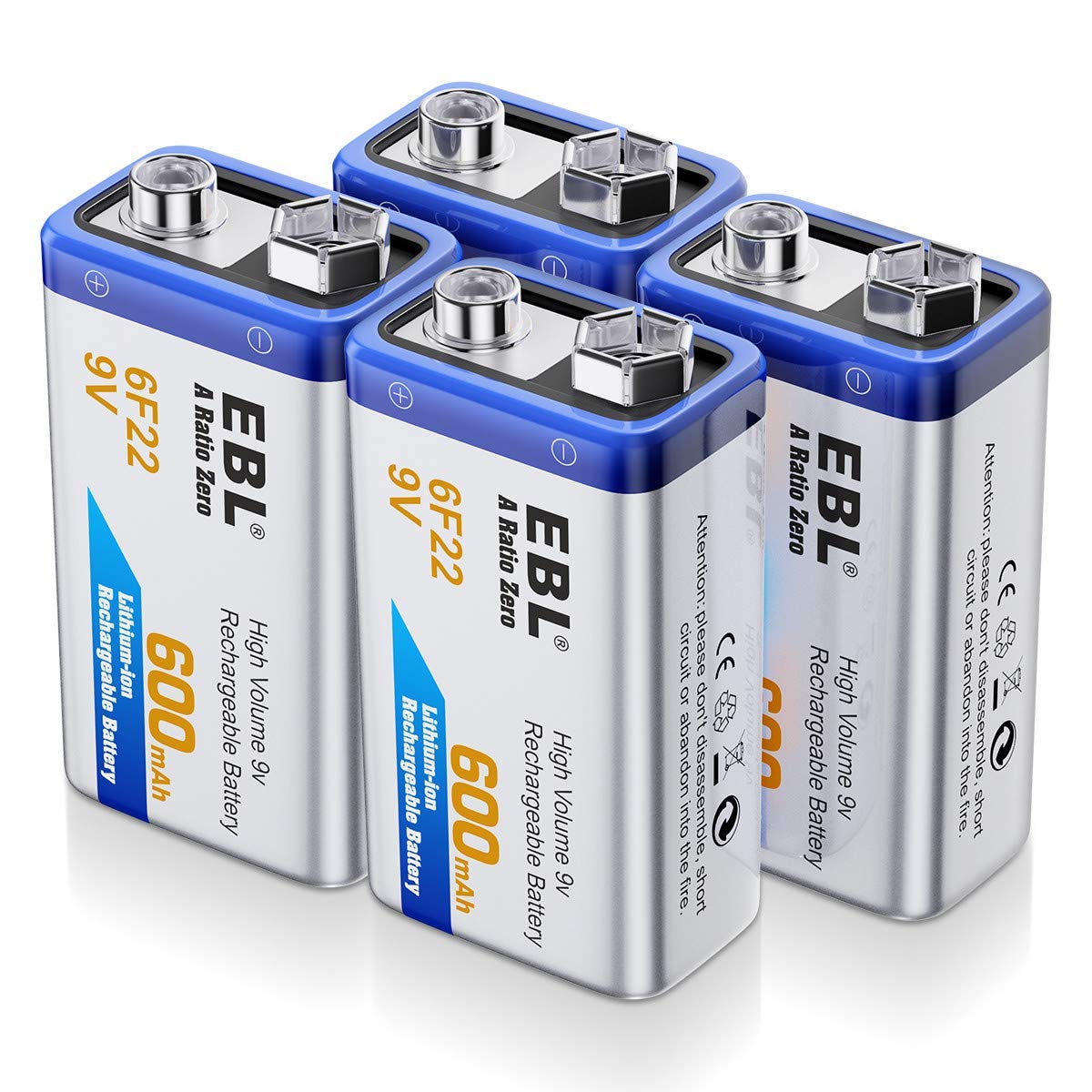 EBL Rechargeable 9V batteries High Volume 600mAh Li-ion 6F22 PP3 Rechareable Batteries Pack of 4 (New Packaging, Images Coming Soon)