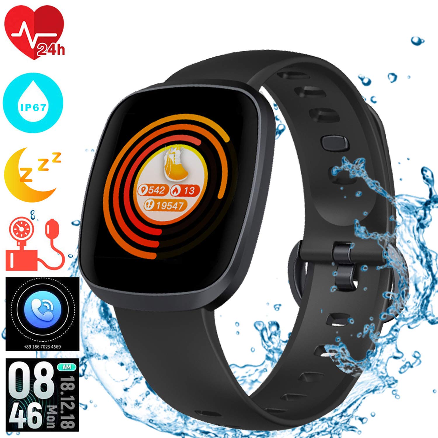 Fitness Activity Tracker Watch with Heart Rate Monitor, Blood Pressure Monitor, IP67 Waterproof Smart Bracelet Watch with Sleep Monitor, Calorie Counter, Pedometer, Call/SMS Remind for Women Men