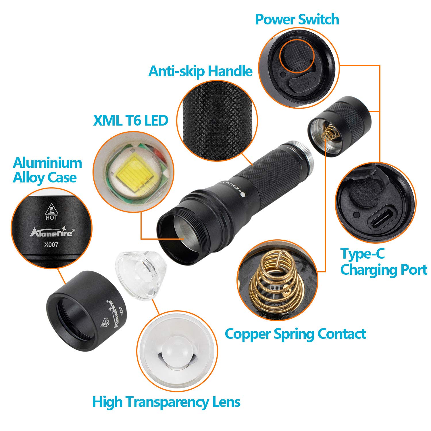 emergencia viajes niños senderismo Alonefire X007 Linterna táctica LED