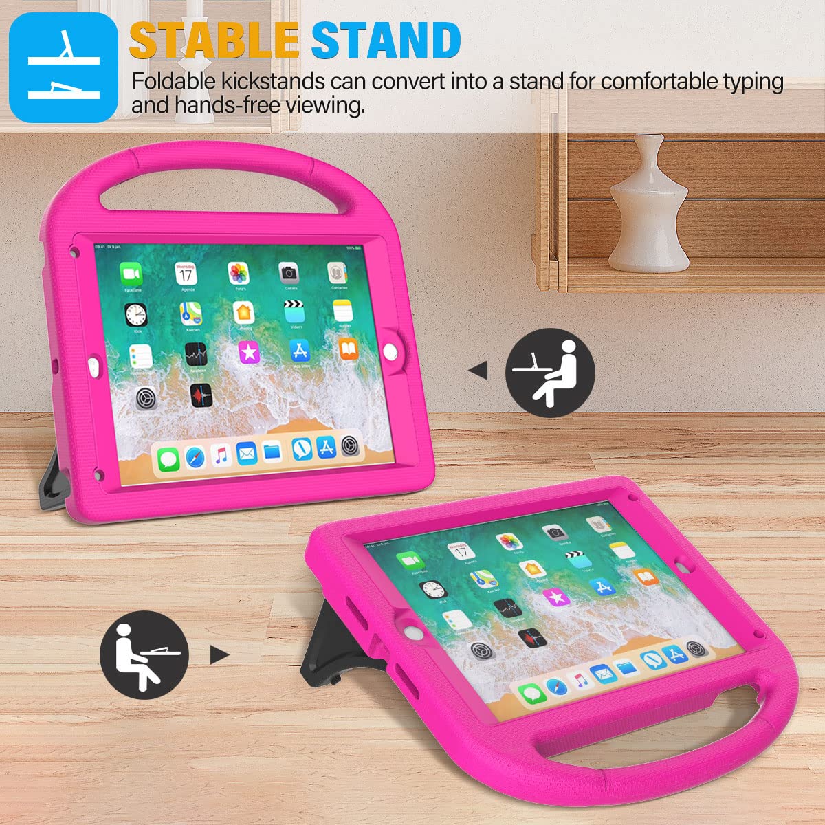 Suplik Kids Case for iPad 5th/6th Generation(9.7 inch, 2017/2018), iPad Air 2/1 & Pro 9.7 Case with Screen Protector, Durable Protective Cover with Handle Stand for Apple iPad 5/6 Gen, Pink