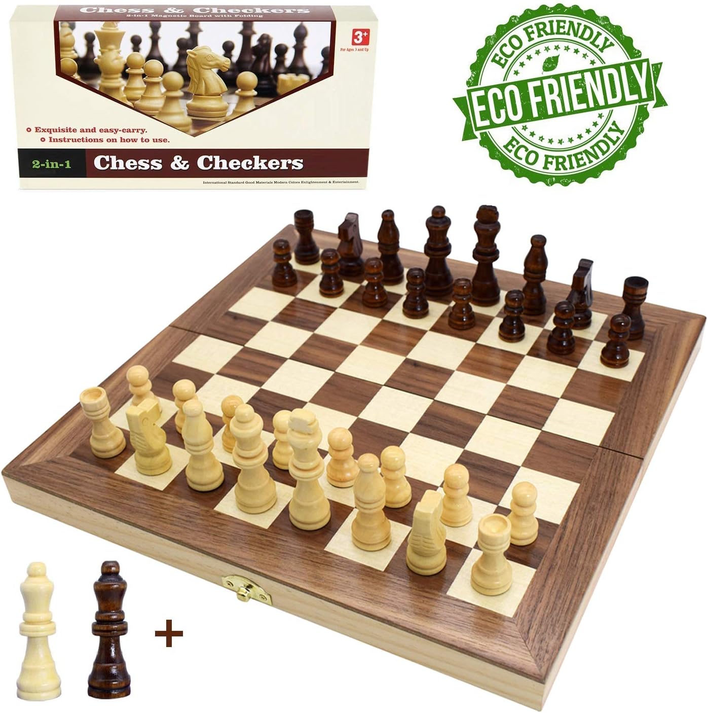Wooden Chess Set for Kids and Adults, Folding Chess Board Travel Chess and Checkers Set Game Board Interior for Storage - 2 Extra Queens ( 12” x 12” )
