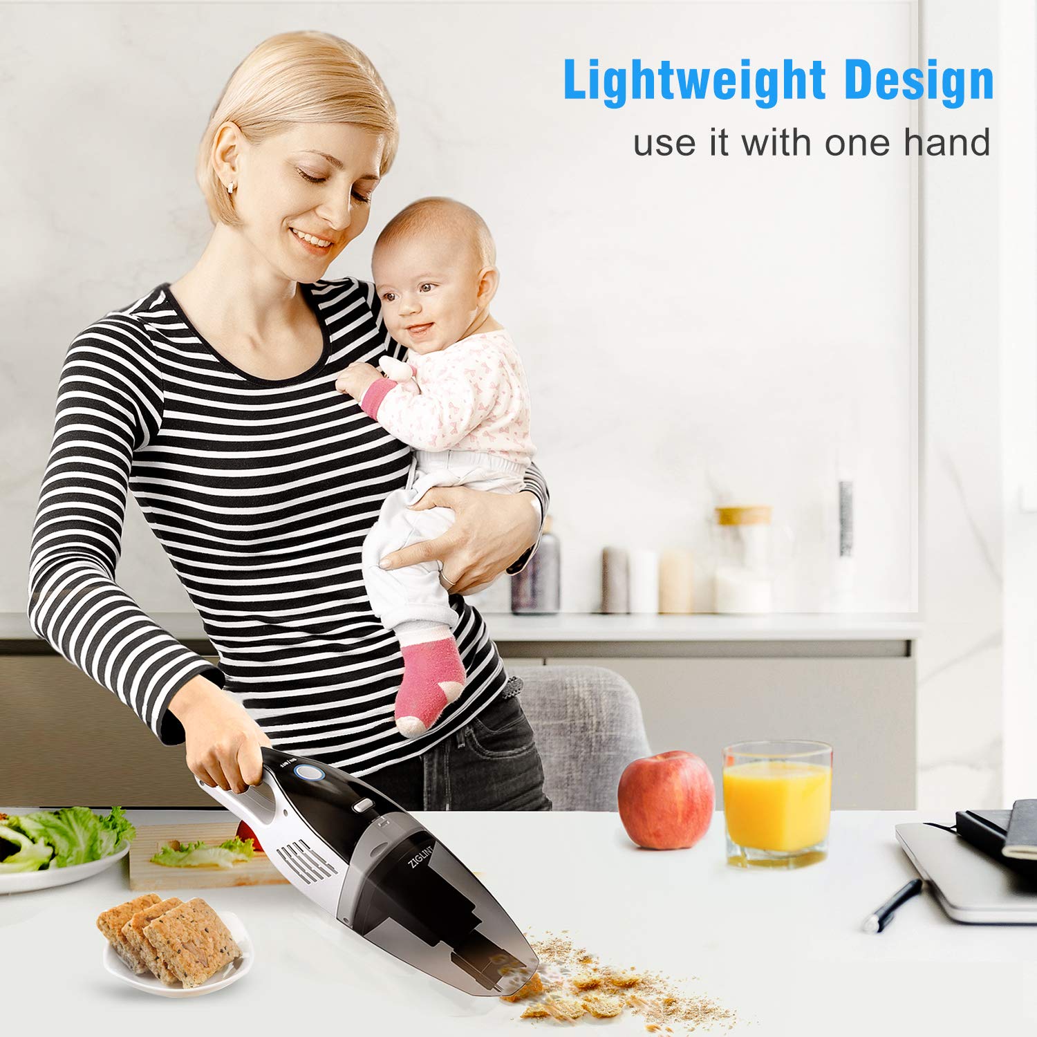 ZIGLINT Cordless Handheld Vacuum, 9 KPa Powerful Suction Portable Vacuum Cleaner Rechargeable Car Vacuum Built-in 2200mAh Lithium-ion Battery for Home and Car