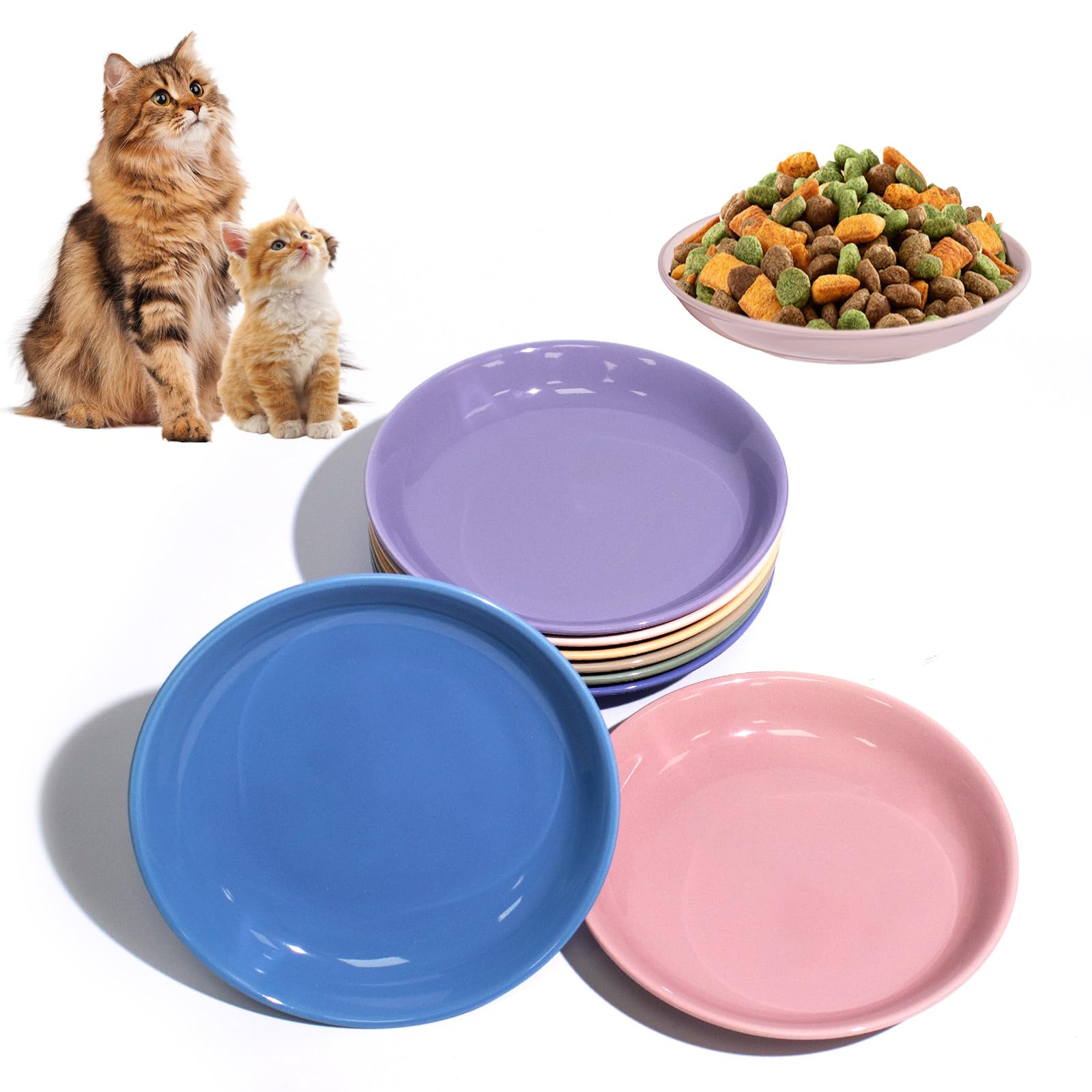 Photo 1 of [8 Pack] Ceramic Cat Food Bowl, Colorful Cat Bowls Whisker-Friendly, 5.9" Shallow Wide Kitten Plates, Easy to Clean Indoor Feeding Dishes