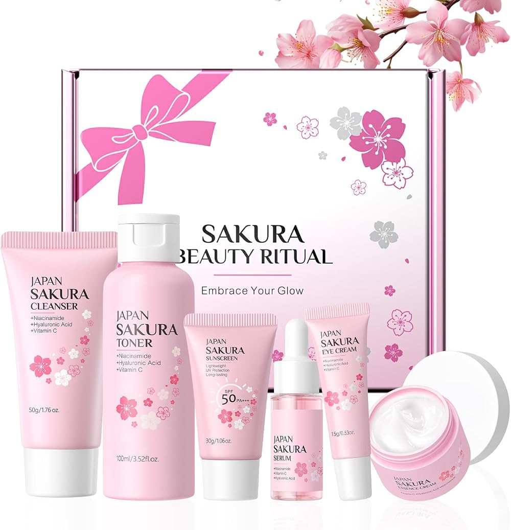 LAIKOU Sakura Skincare Gift Set 6pcs Cleanser Toner Serum Cream Eye Sunscreen