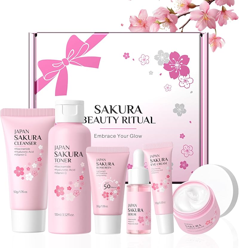 LAIKOU Sakura Skincare Gift Set 6pcs Cleanser Toner Serum Cream Eye Sunscreen