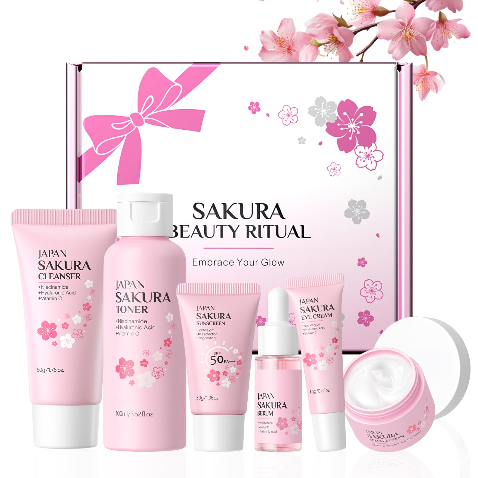 LAIKOU Skincare Gift Set for Teenage Girls, JAPAN SAKURA Skin Care Sets & Kits Gift Set for Women with Cleanser,Toner,Serum,Eye Cream,Face Cream,Sunscreen for Pores, Moisturizing Travel Kit 6pcs — image 1