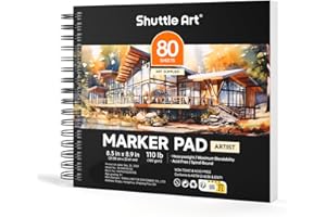 Shuttle Art Marker Pad, 8.3”x8.9” Portable Square Sketchbook, 80 Sheets Marker Drawing Paper, 110LB/180GSM Bleedproof Art Paper, Spiral-Bound, Great for Professional Artist to Draw, Paint & Sketch