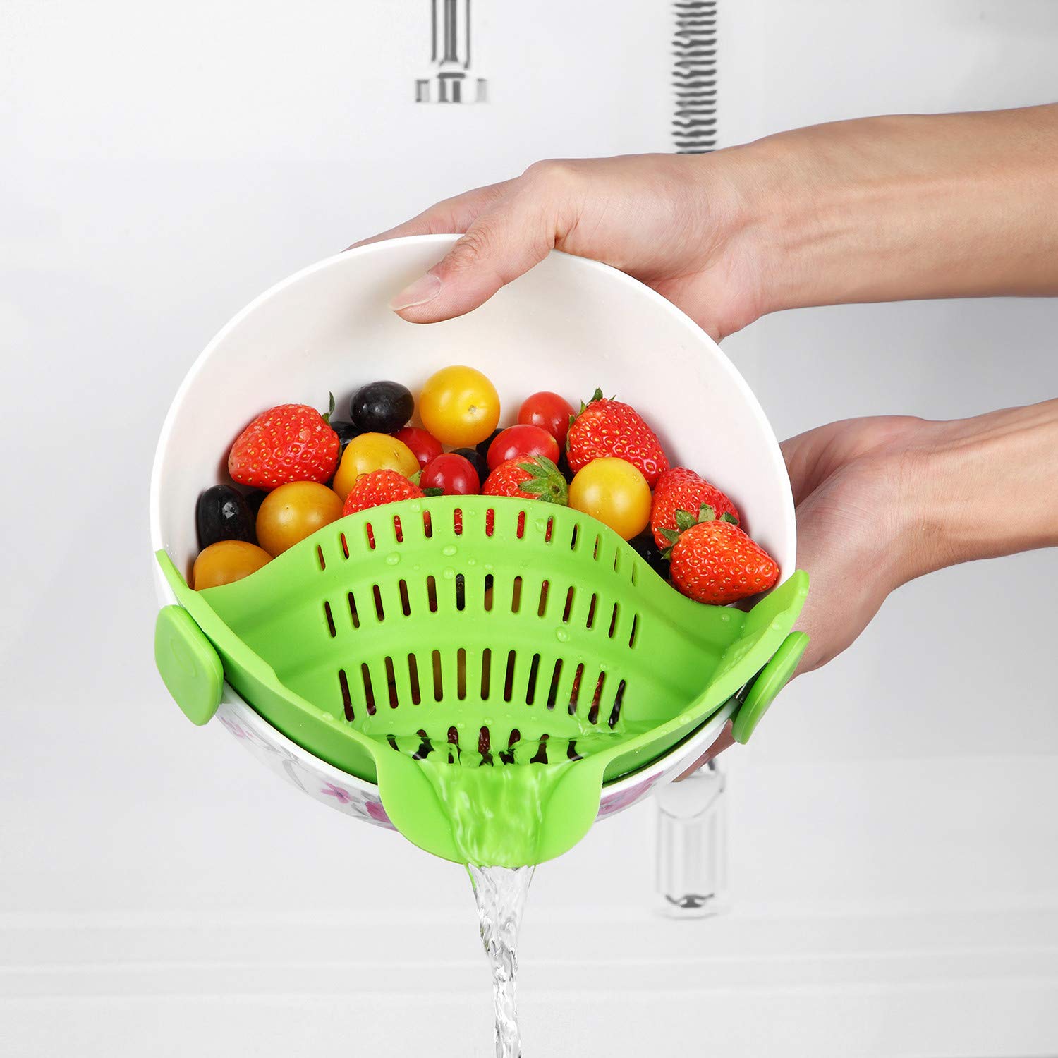 Byme Kitchen Food Strainers and Colanders Pasta Strainer Clip On Silicone Colander Fit all Pots and Bowls- Green